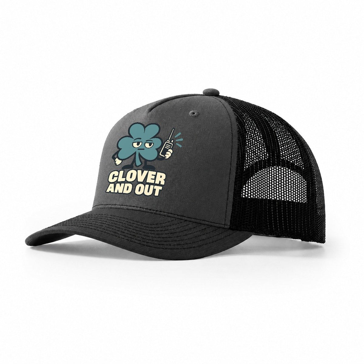 Clover And Out Familiar Punchlines Trucker Hat – Dark Grey Black