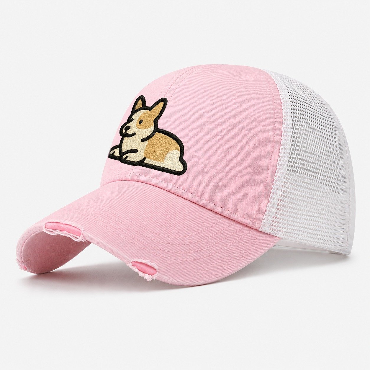 Corgi Sploot Lying Position Washed Trucker Hat – Light Pink