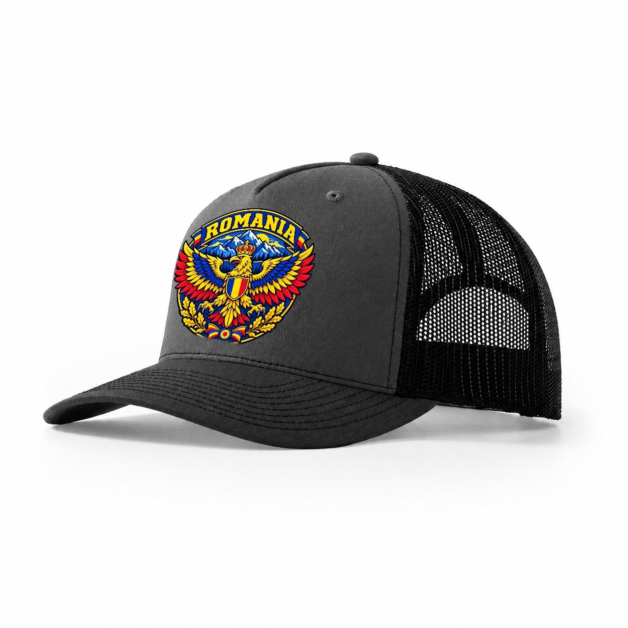 Romania Retro Badge Country Logos Trucker Hat – Dark Grey Black