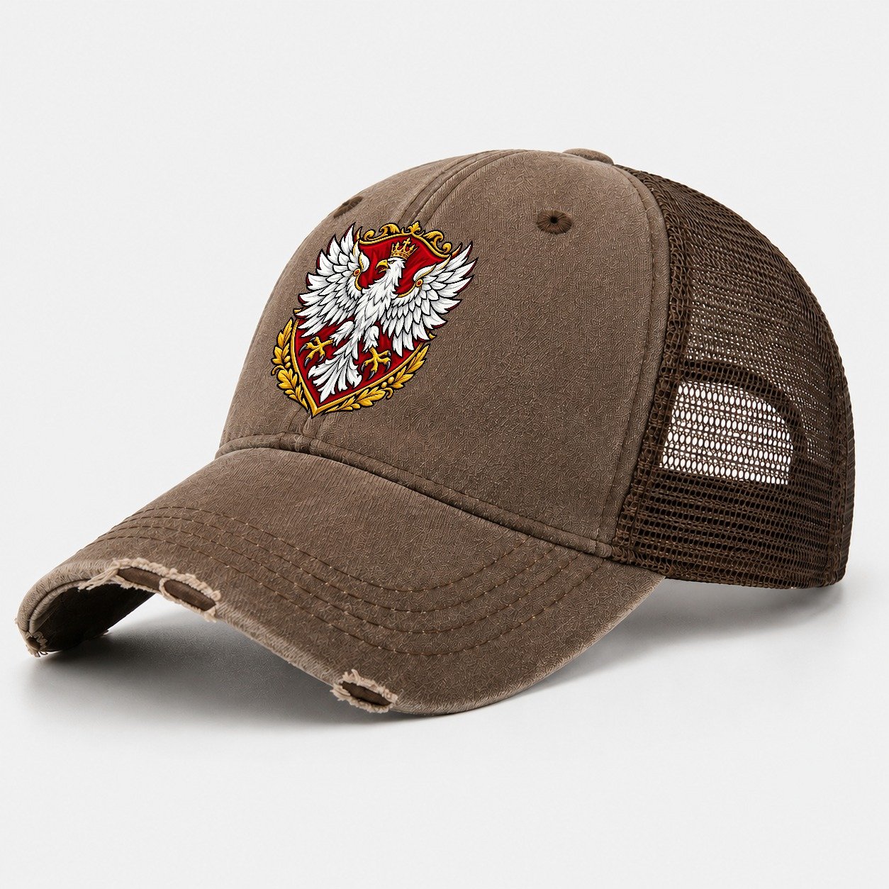 Poland Heraldic Crest Country Logos Washed Trucker Hat – Coffee