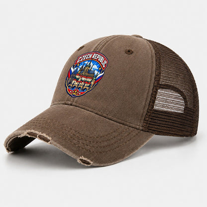 Czech Republic Retro Badge Country Logos Washed Trucker Hat – Coffee