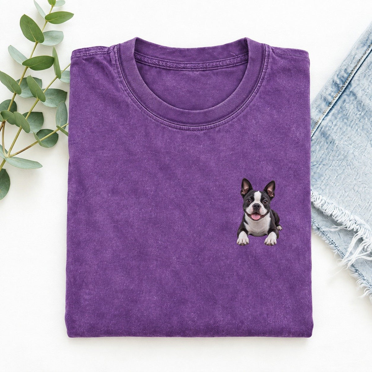 Boston Terrier Lying Down Left Chest Vintage T-shirt – Purple