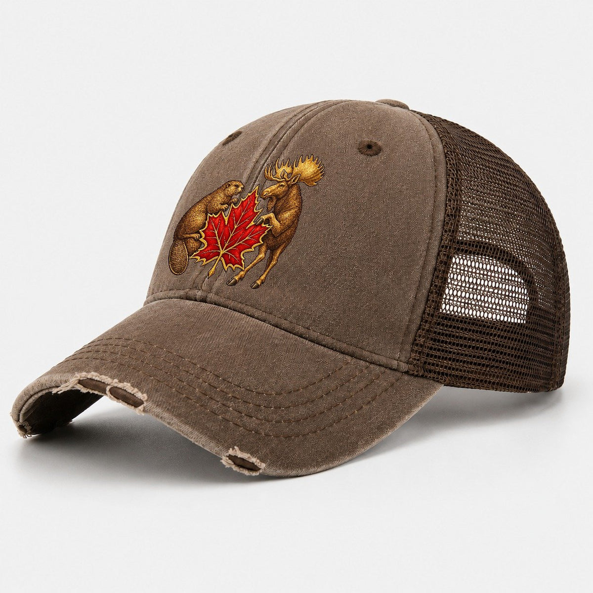 Canada Beaver And Moose Washed Trucker Hat – Coffee