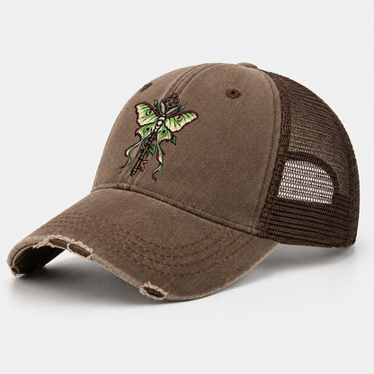 Luna Moth Over An Iron Key Witch Magic Washed Trucker Hat – Coffee