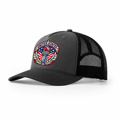 United States Retro Badge Country Logos Trucker Hat – Dark Grey Black