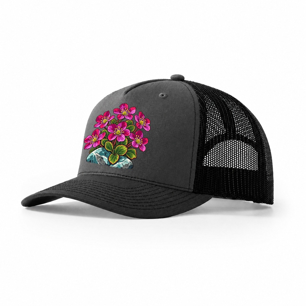 Nunavut Purple Saxifrage Canada Cultural Icons Trucker Hat – Dark Grey Black