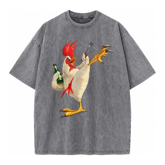 Rooster Printed Unisex Baseball Cap Solid Color Washed Distr Vintage T-shirt – Grey