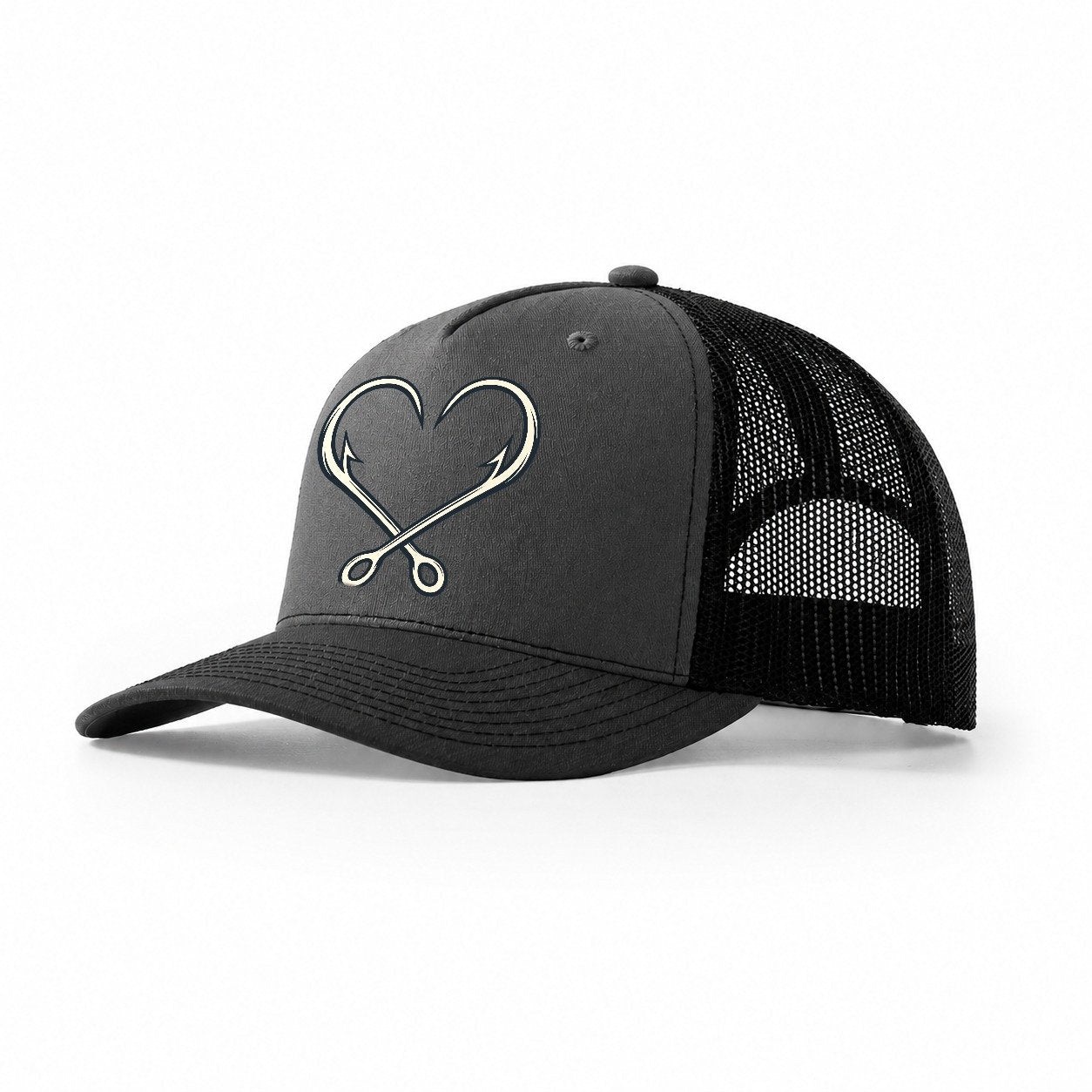 Hook Heart Fishing Elegant Trucker Hat – Dark Grey Black