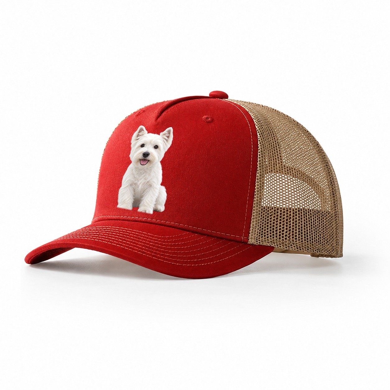 West Highland White Terrier Westie Sitting Top Breeds Trucker Hat – Red Khaki