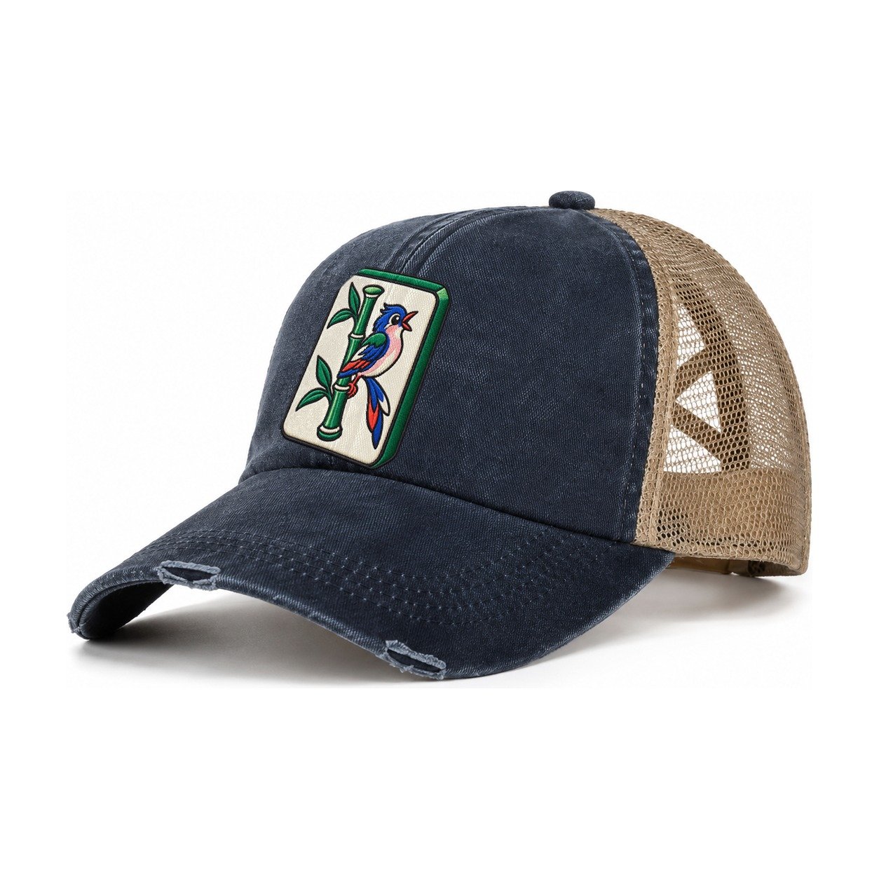 Bamboo Songbird Mahjong Game Night Women's Ponytail Trucker Hat – Navy Khaki