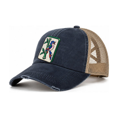 Bamboo Songbird Mahjong Game Night Women's Ponytail Trucker Hat – Navy Khaki