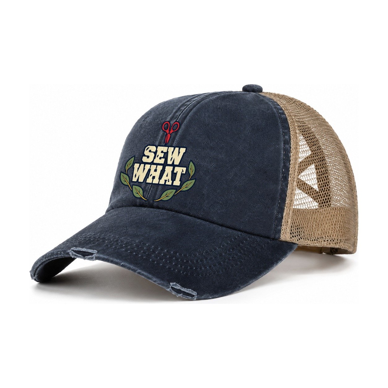 Sew What Sewing And Quilting Women's Ponytail Trucker Hat – Navy Khaki