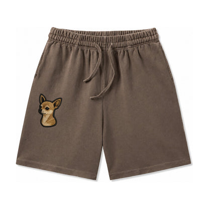 Chihuahua Modern Tiny Dog Logo With Bold Black Outline Washed Shorts – Coffee