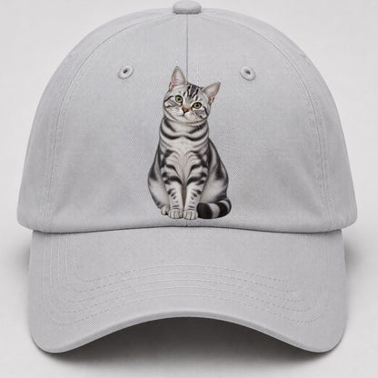 American Shorthair Seated Portrait Realistic Cat Portrait Baseball Cap – Light Gray