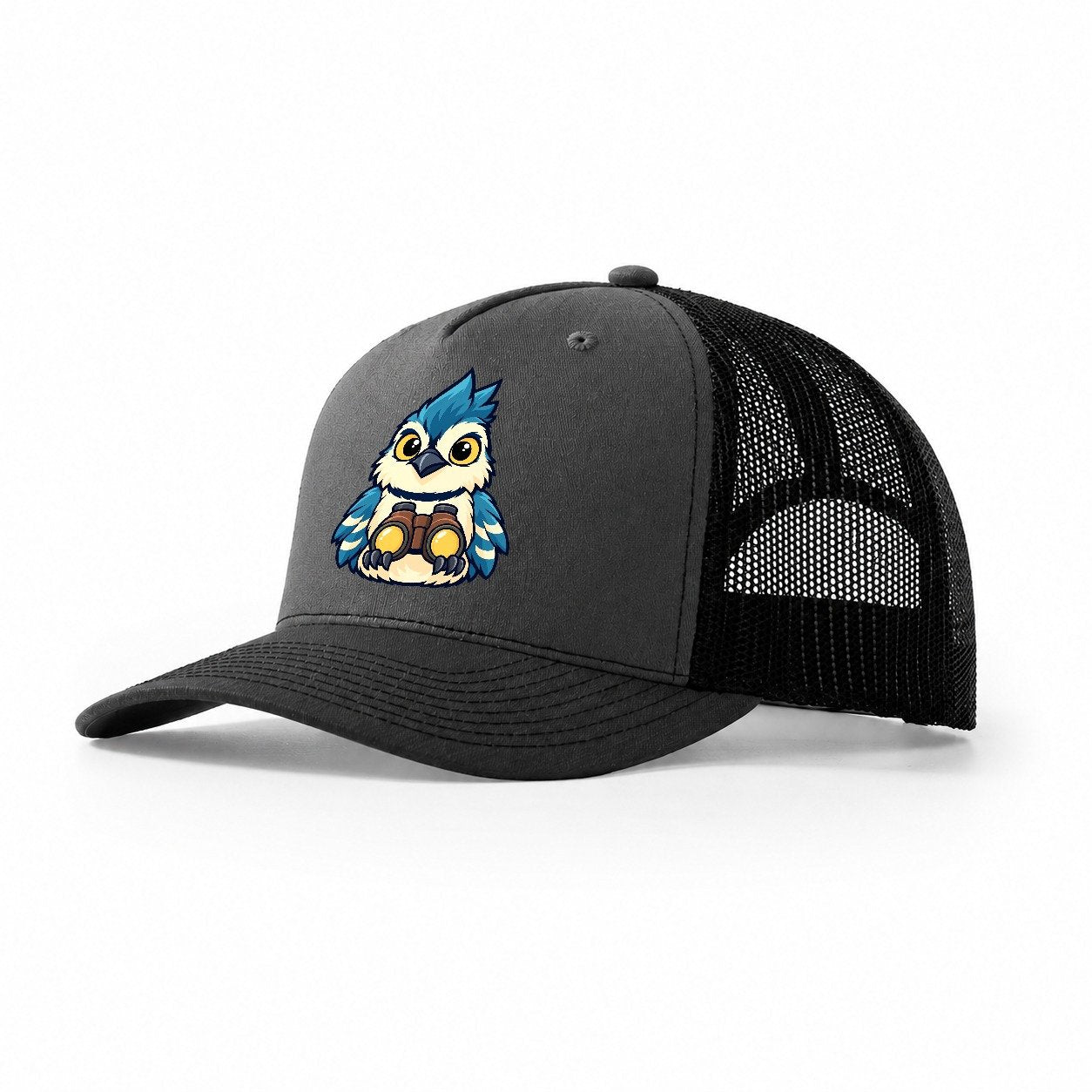 Jay With Binoculars Birdwatching Trucker Hat – Dark Grey Black