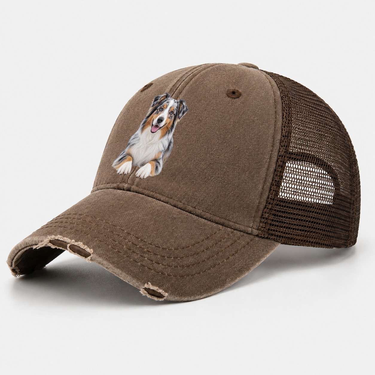 Australian Shepherd Sitting Top Breeds Washed Trucker Hat – Coffee