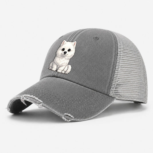 Samoyed Sitting Sweetheart Washed Trucker Hat – Grey