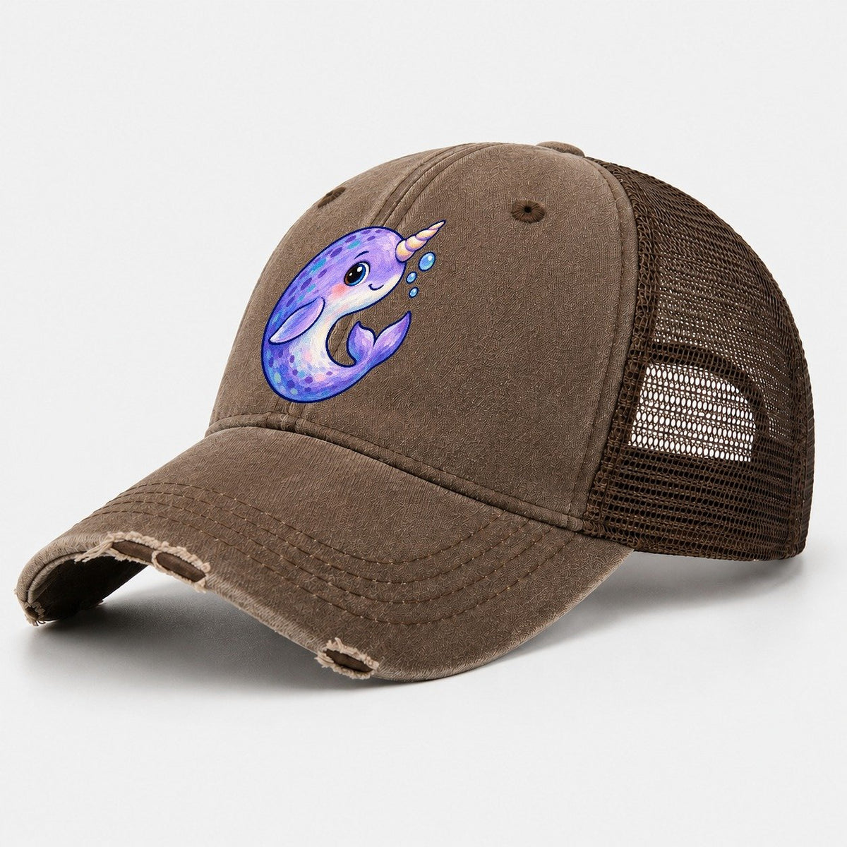 Narwhal Crescent Curl Sea Sprite Washed Trucker Hat – Coffee