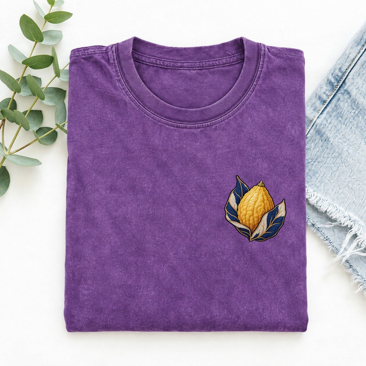 Etrog Leaf Cradle Left Chest Vintage T-shirt – Purple