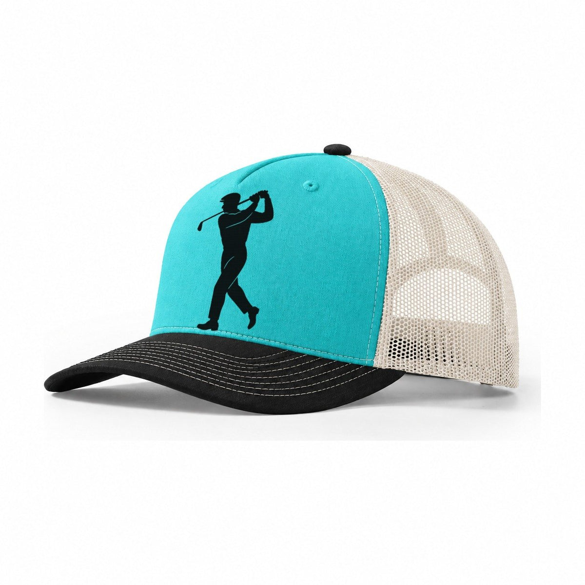 Golfer Perfect Swing Follow Through Trucker Hat – Aqua Black White