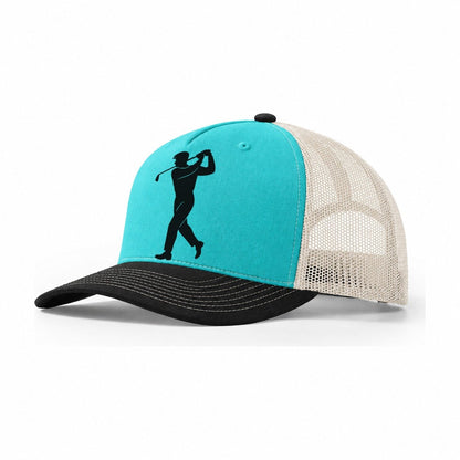 Golfer Perfect Swing Follow Through Trucker Hat – Aqua Black White