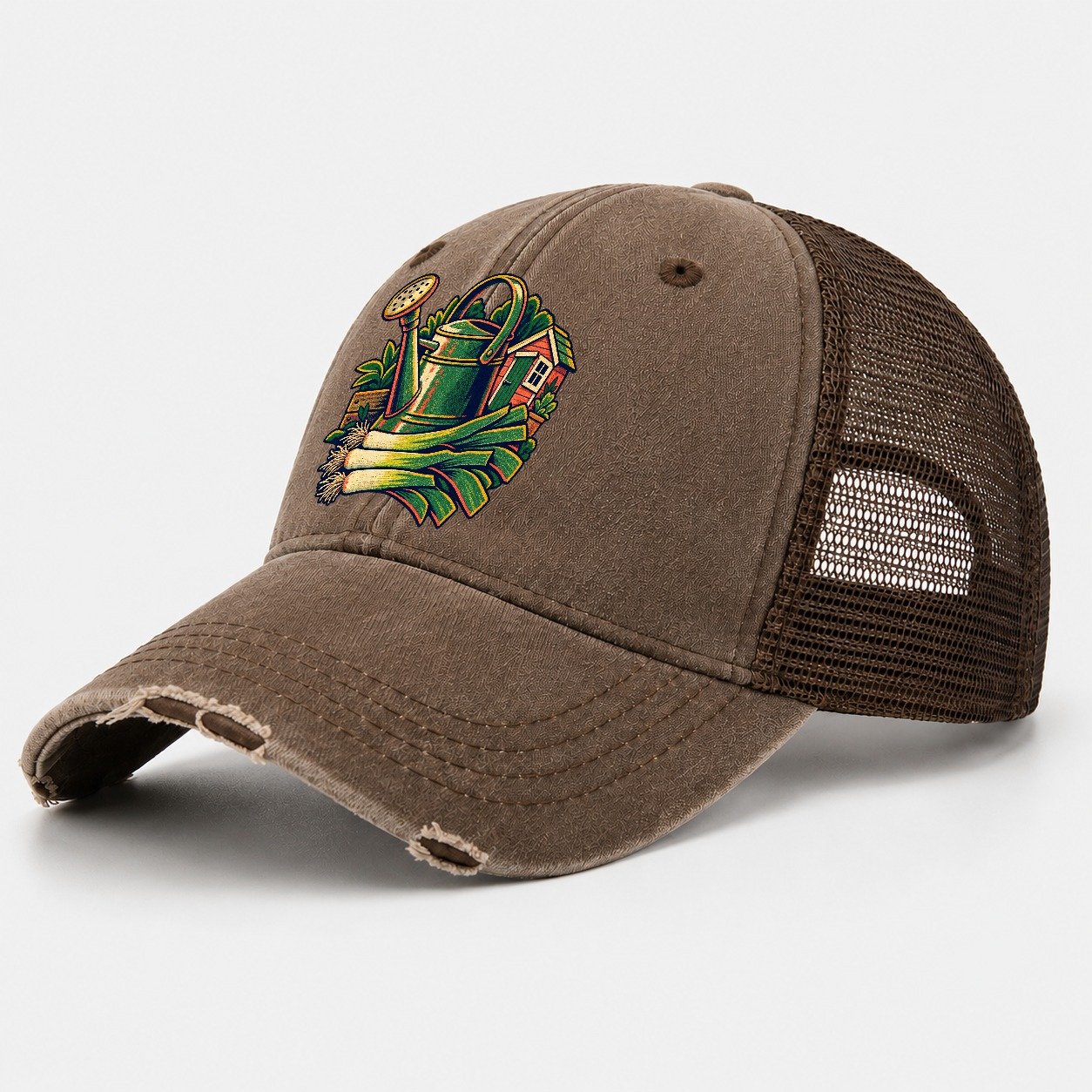 Allotment Shed Watering Can And Leeks Uk Culture Heritage Washed Trucker Hat – Coffee