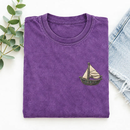 Sailboat Reefed Sail Keepsake Emblem Left Chest Vintage T-shirt – Purple