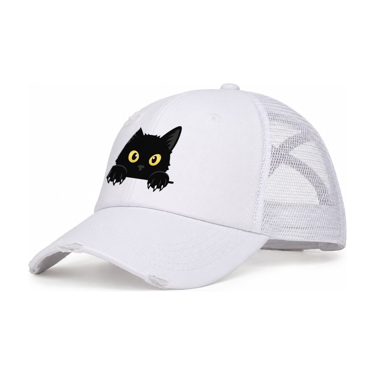 Black Cat Women's Ponytail Trucker Hat – White White