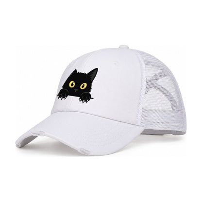 Black Cat Women's Ponytail Trucker Hat – White White