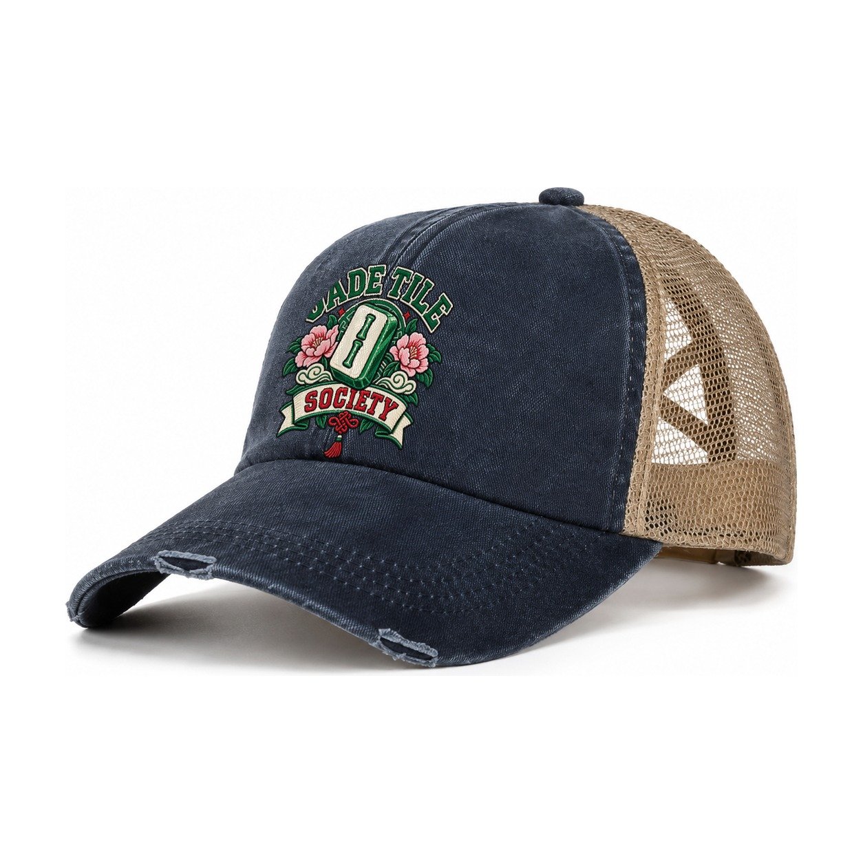 Jade Tile Society Mahjong Game Night Women's Ponytail Trucker Hat – Navy Khaki