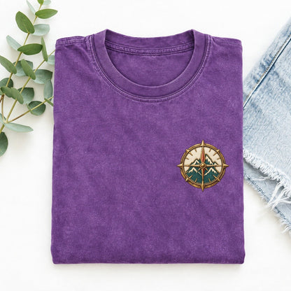 Mountain Compass Fold Keepsake Emblem Left Chest Vintage T-shirt – Purple