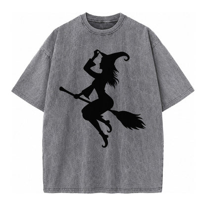 202308151409 Witch On Broom 4 Vintage T-shirt – Grey