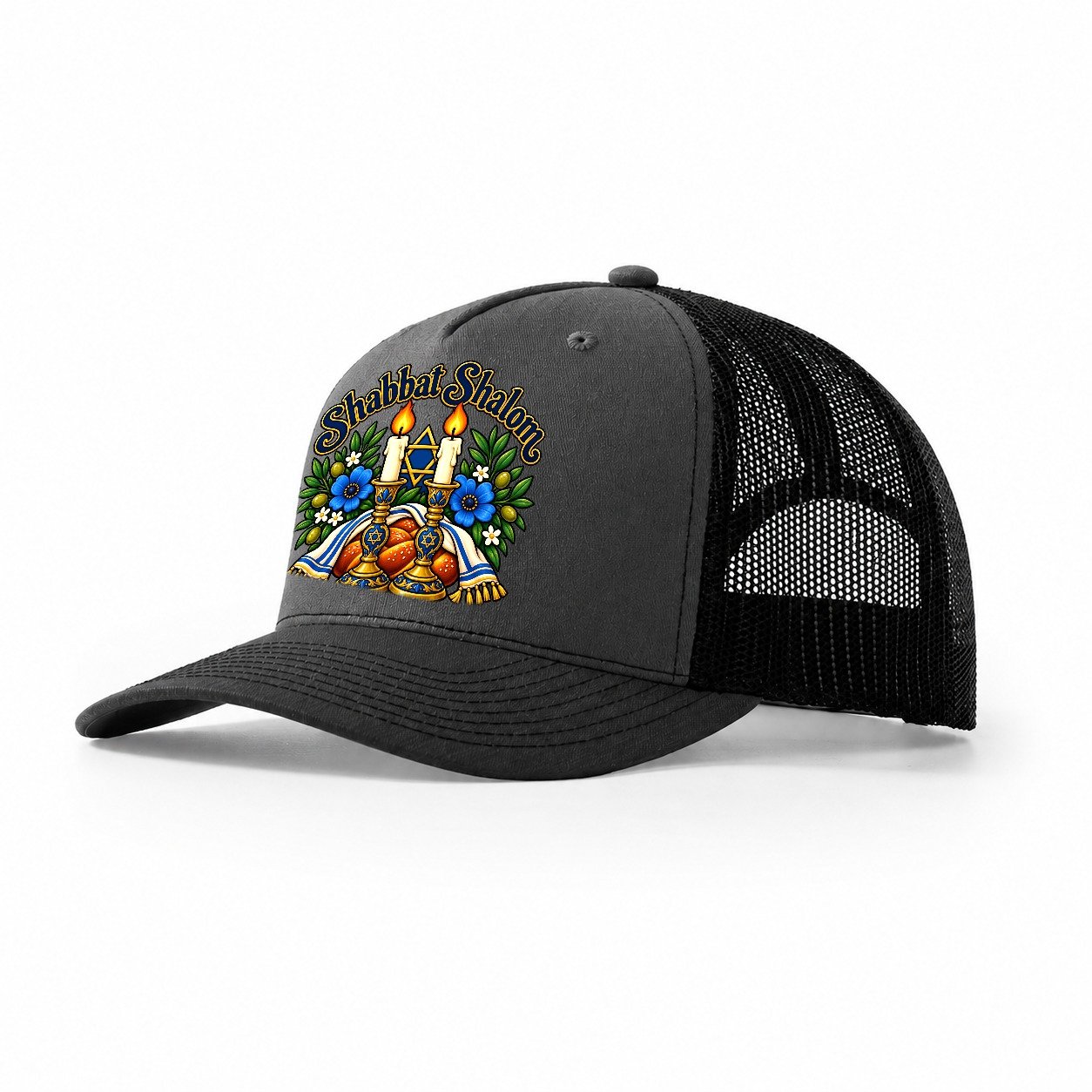 Shabbat Shalom Candles Judaism Heritage Trucker Hat – Dark Grey Black