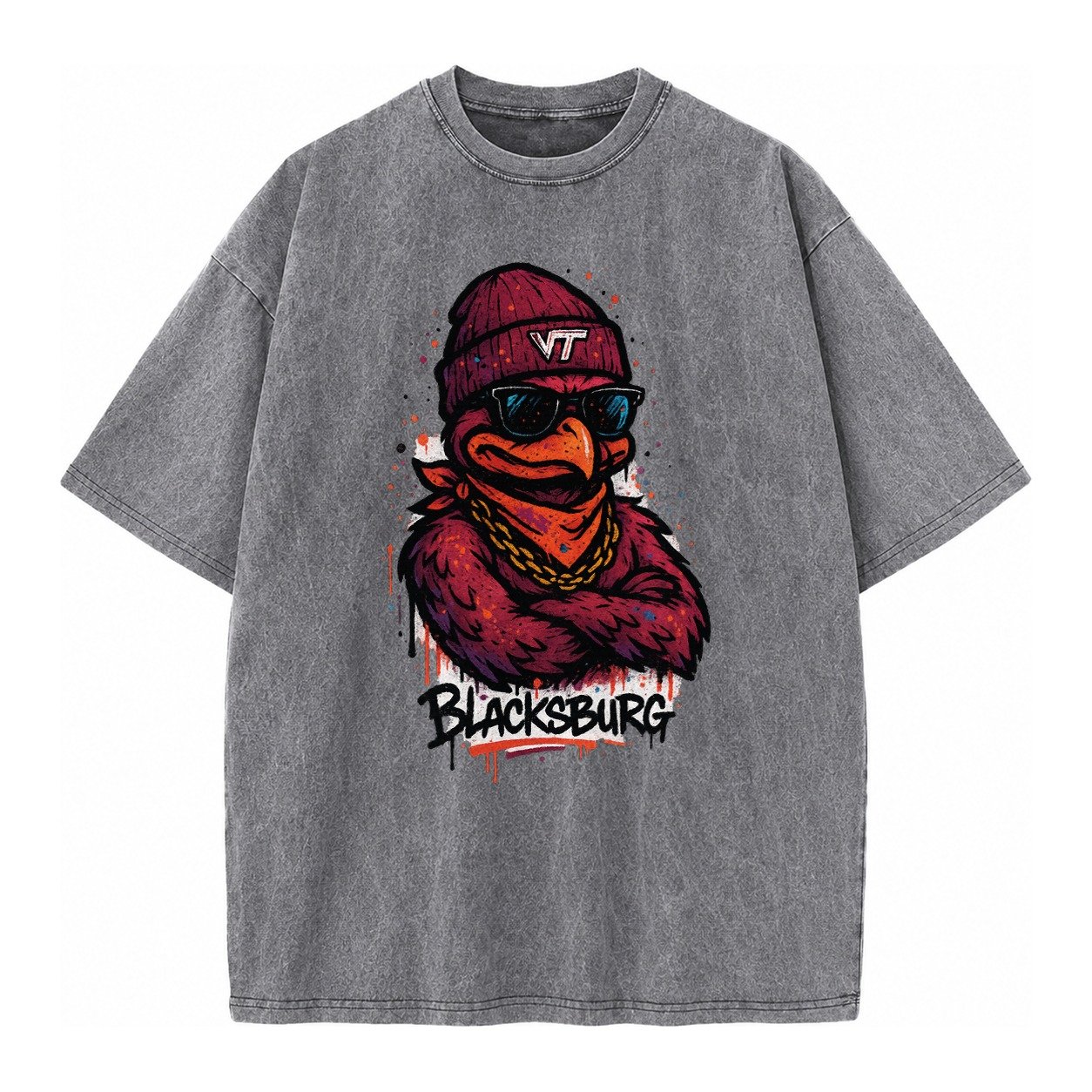 Blacksburg Hokiebird Wearing Virginia Tech Beanie With Vt Pa Vintage T-shirt – Grey