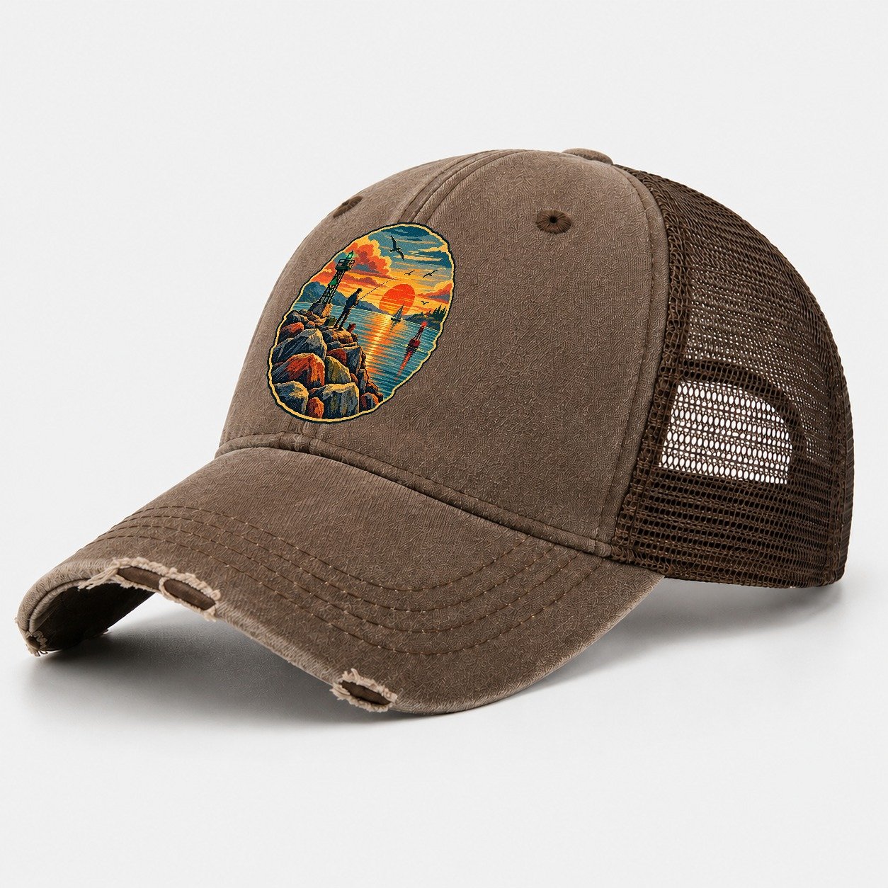 Harbor Jetty Sunset Fishing Club Washed Trucker Hat – Coffee