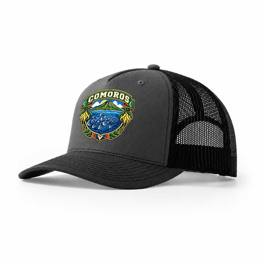 Comoros Retro Badge Country Logos Trucker Hat – Dark Grey Black
