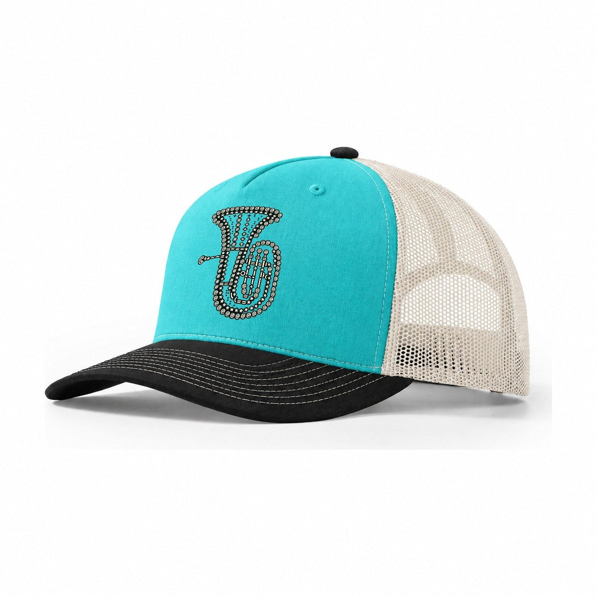 Tuba Bell Spiral Trucker Hat – Aqua Black White