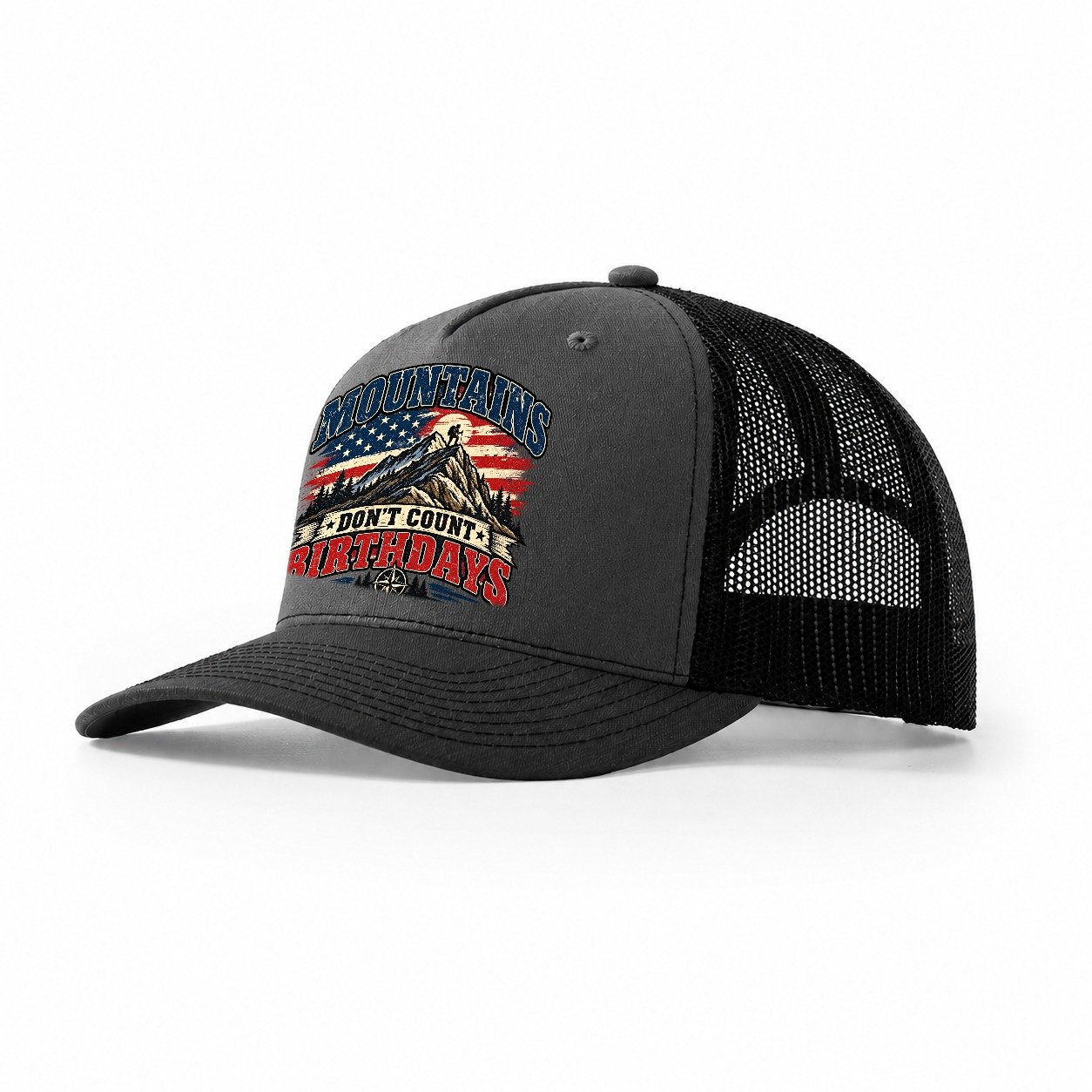 Mountains Don T Count Birthdays Old Man Strong Trucker Hat – Dark Grey Black