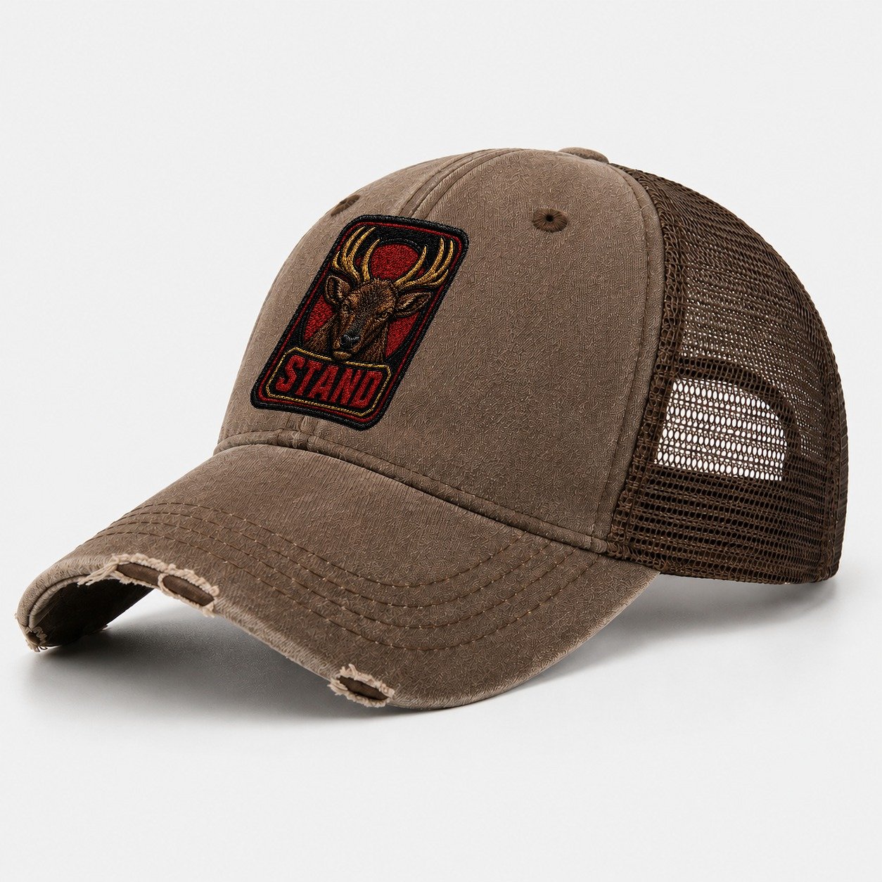 Elk Stand Badge Washed Trucker Hat – Coffee