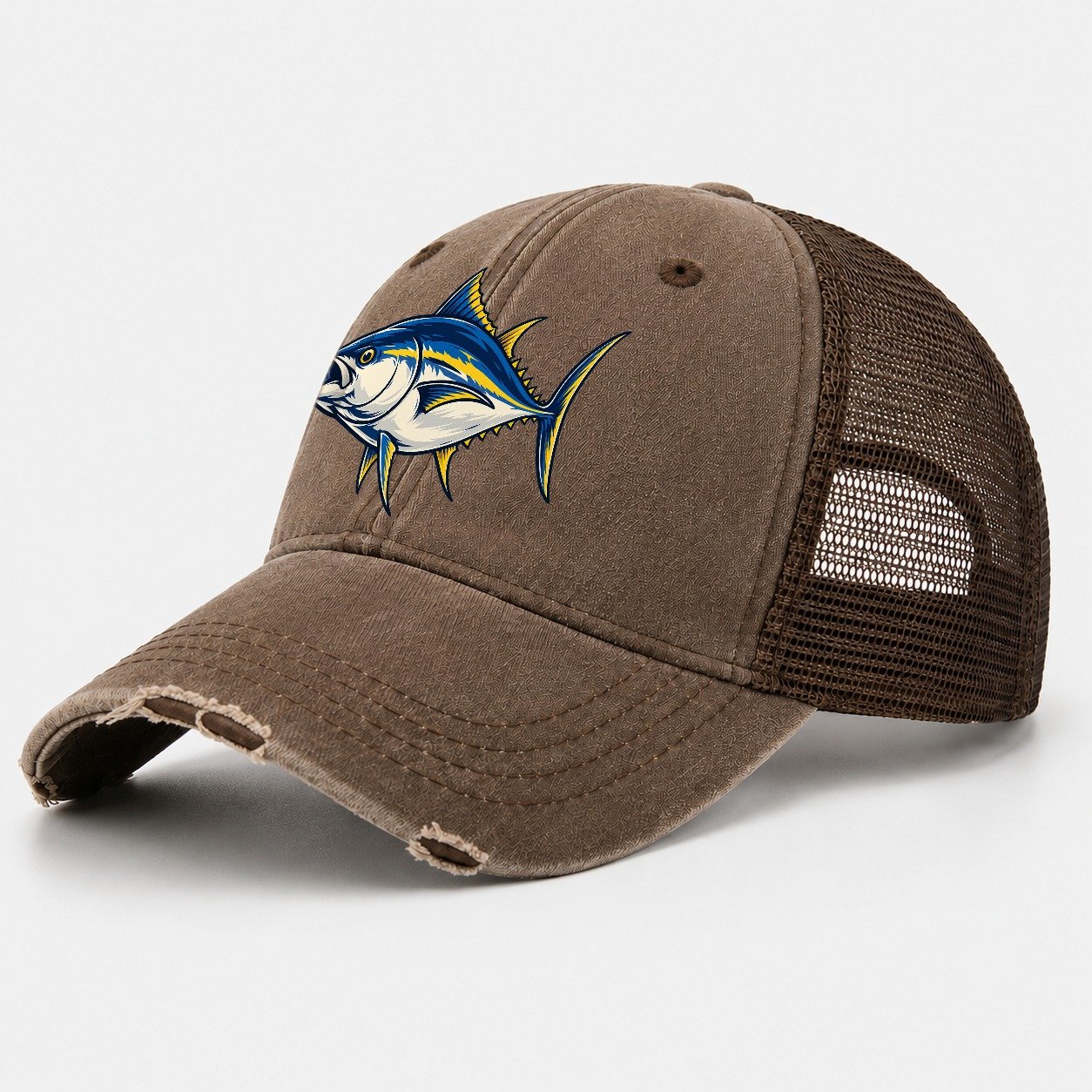 Tuna Silhouette Fishing Elegant Washed Trucker Hat – Coffee