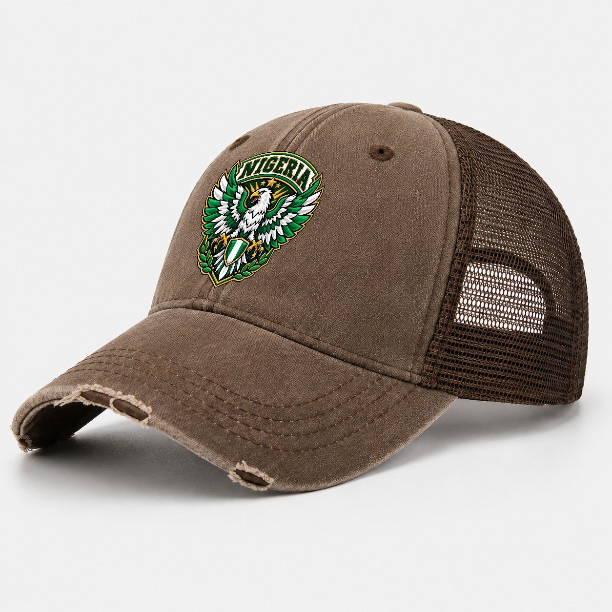 Nigeria Retro Badge Country Logos Washed Trucker Hat – Coffee