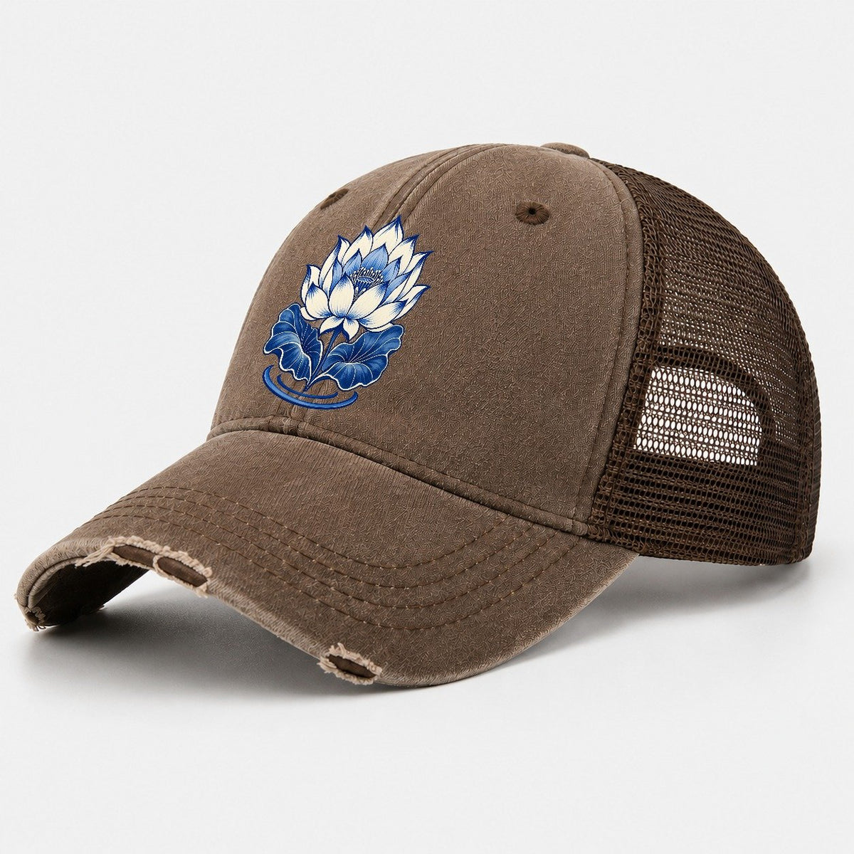 Lotus In Blue Quiet Wards Heritage Washed Trucker Hat – Coffee