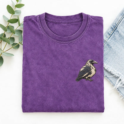 Raven Folded Pinion Keepsake Emblem Left Chest Vintage T-shirt – Purple