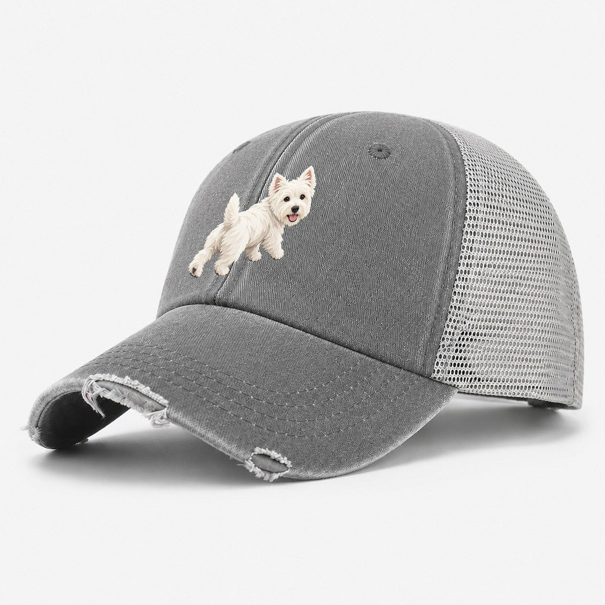 Happy White Terrier Washed Trucker Hat – Grey