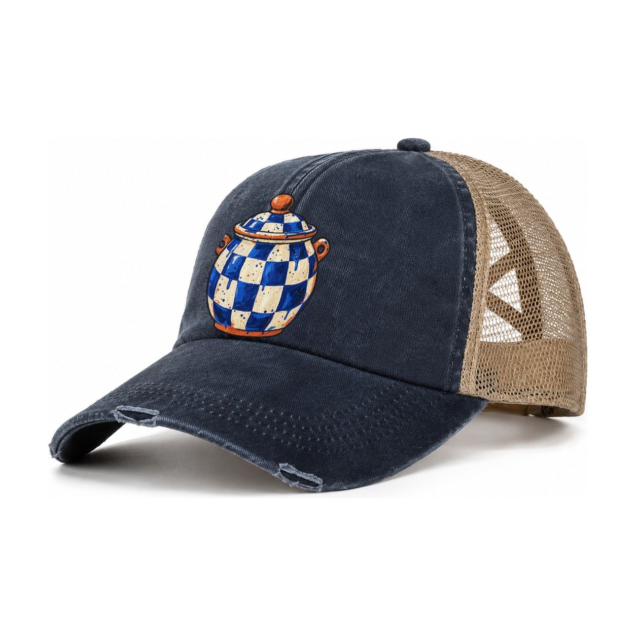 Checker Glaze Jar Clay Color Makers Women's Ponytail Trucker Hat – Navy Khaki