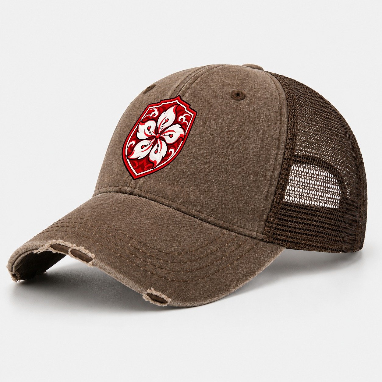 Hong Kong Minimal Emblem Country Logos Washed Trucker Hat – Coffee