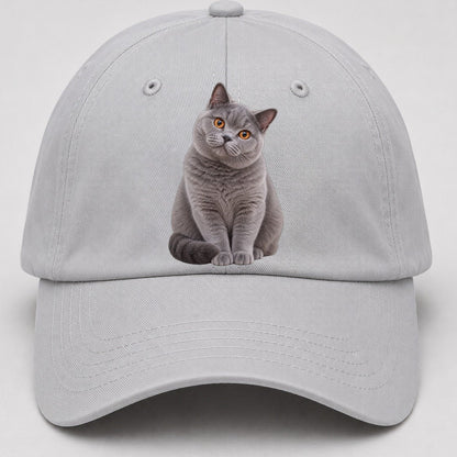 British Shorthair Seated Portrait Realistic Cat Portrait Baseball Cap – Light Gray