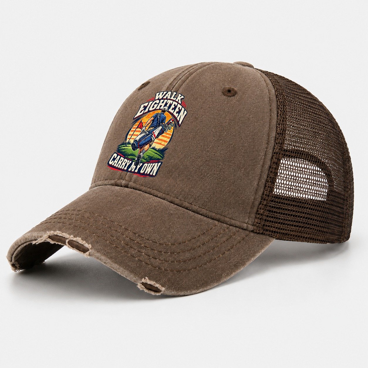 Walk Eighteen Carry My Own Golf Life Washed Trucker Hat – Coffee