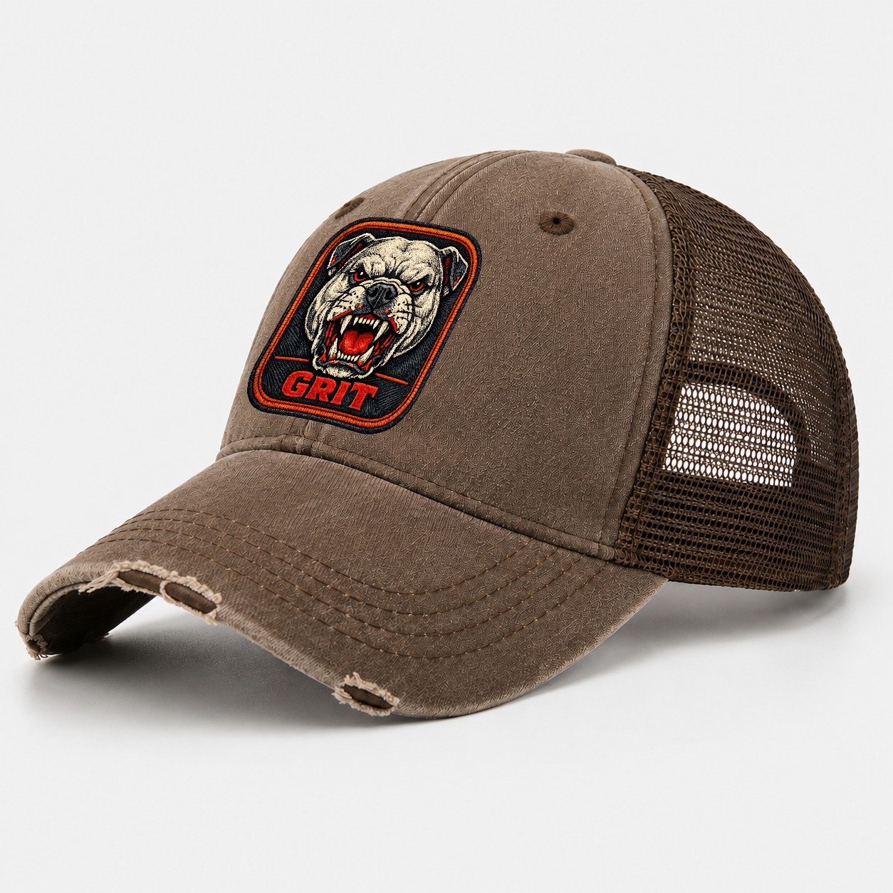 Bulldog Grit Badge Washed Trucker Hat – Coffee