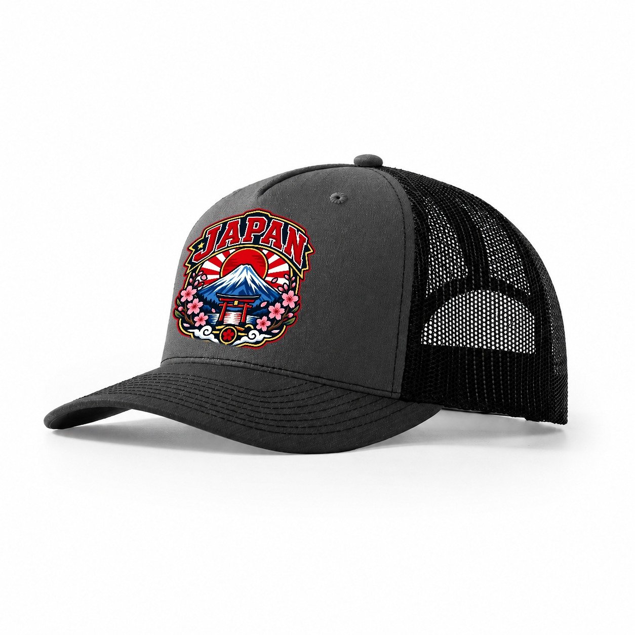 Japan Retro Badge Country Logos Trucker Hat – Dark Grey Black
